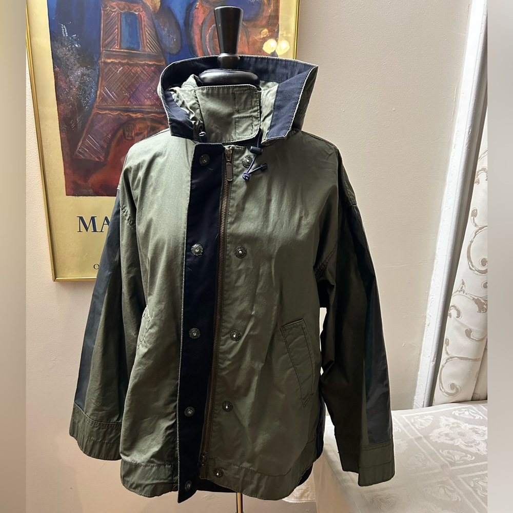 J.Crew Khaki Olive Green Water Resistant Raincoat Jacket hood pockets L / XL